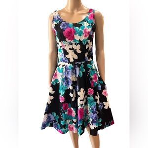 Vintage 1980’s Floral Midi Dress Fit & Flare Handmade Roses party with petticoat